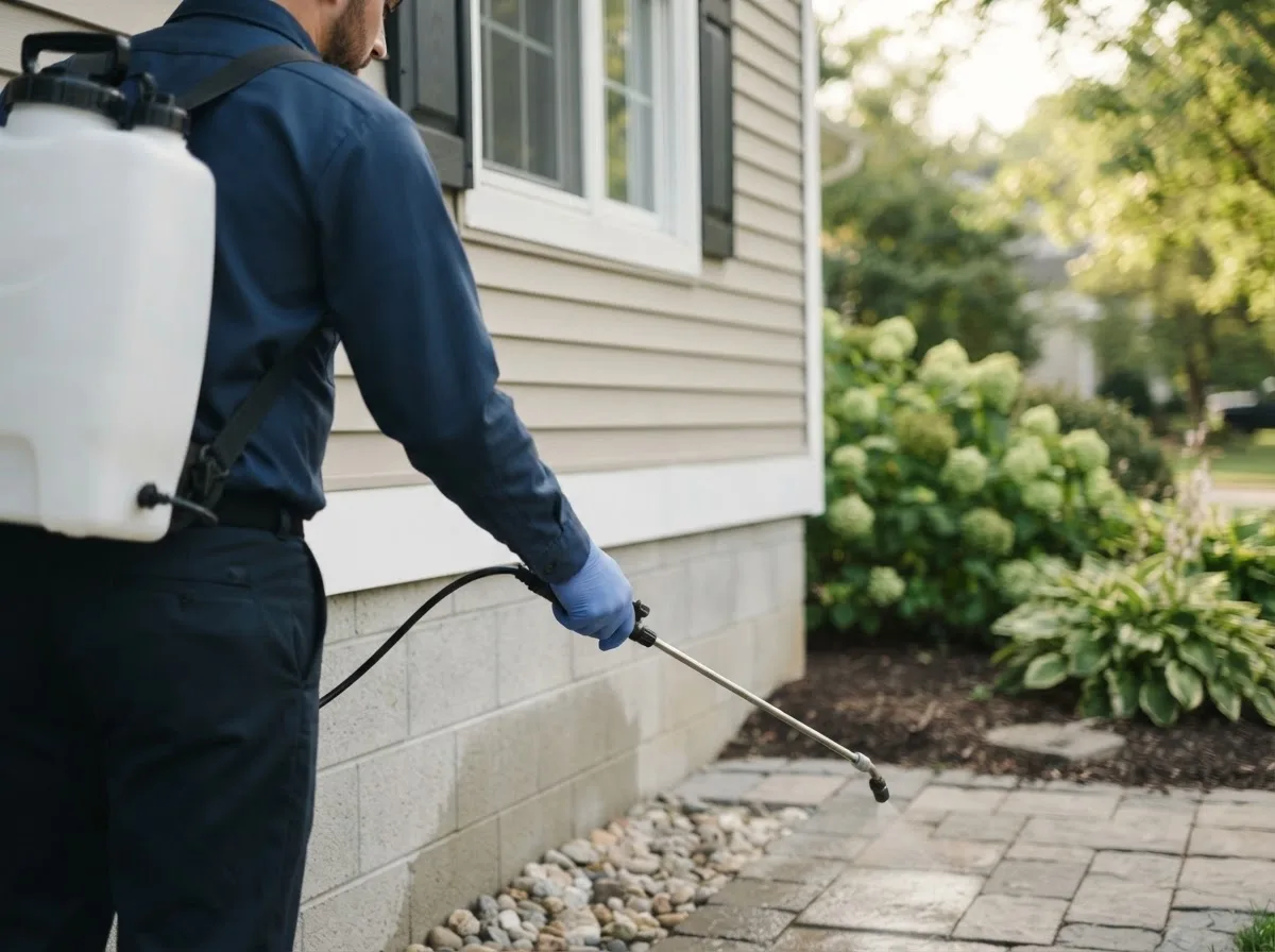 Pest control technician inspecting a home in Alpha, IL
